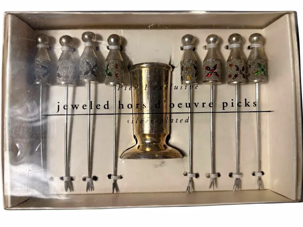 Pier 1 Imports Jeweled Hors d’Oeuvre Picks Set 8 Silver Plated w/ Holder